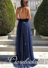 Navy Spaghetti A-line Sequin Tulle Backless Prom Dresses, Long Prom Dresses