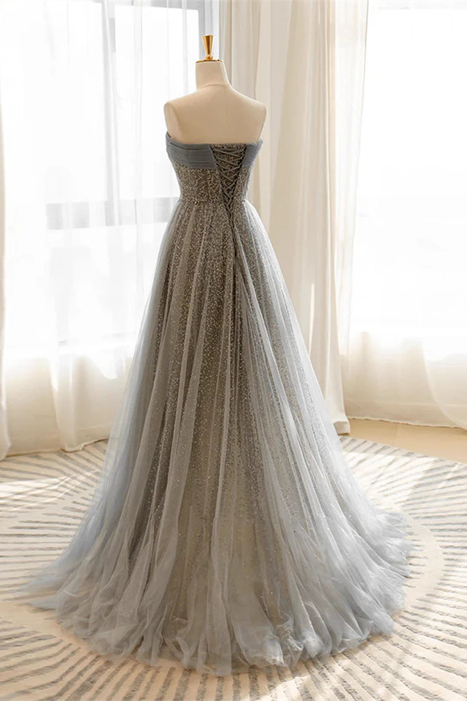Grey A-line Sequin Tulle Prom Dresses, Shimmering Evening Dresses, Party Dancing Dresses