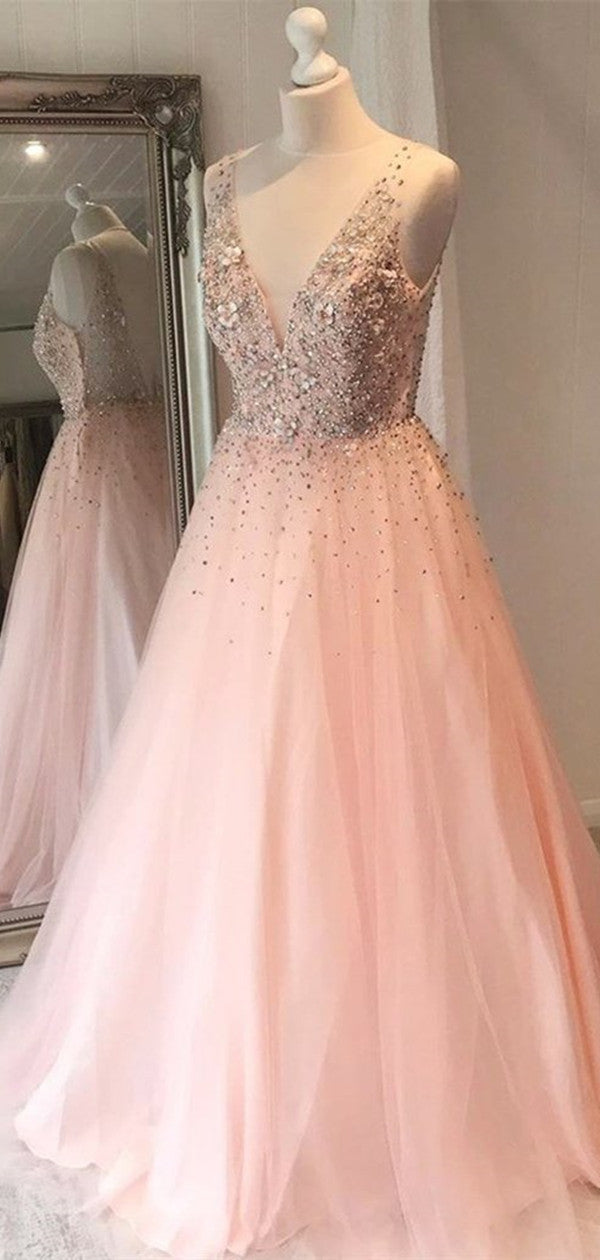 A Line V Neck Sequins Pink Long Prom Dress, Appliquqes 2021 Evening Party Prom Dresses