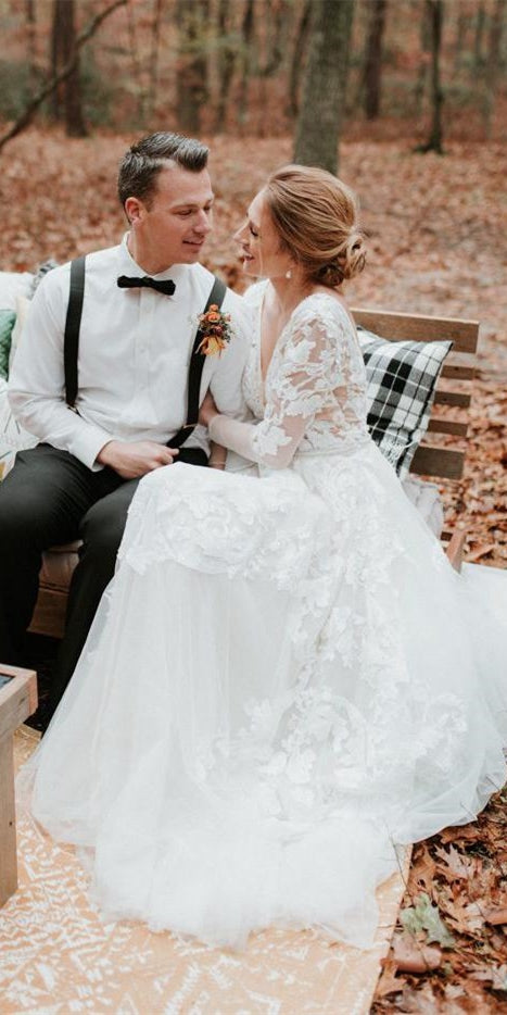 Deep V-neck Long Sleeves Lace Tulle Wedding Dresses, Country Wedding Dresses, Bridal Gown