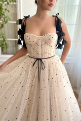 Beige Dotted A-line Prom Dresses With Straps, Cute Midi Dresses, Party Dancing Dresses