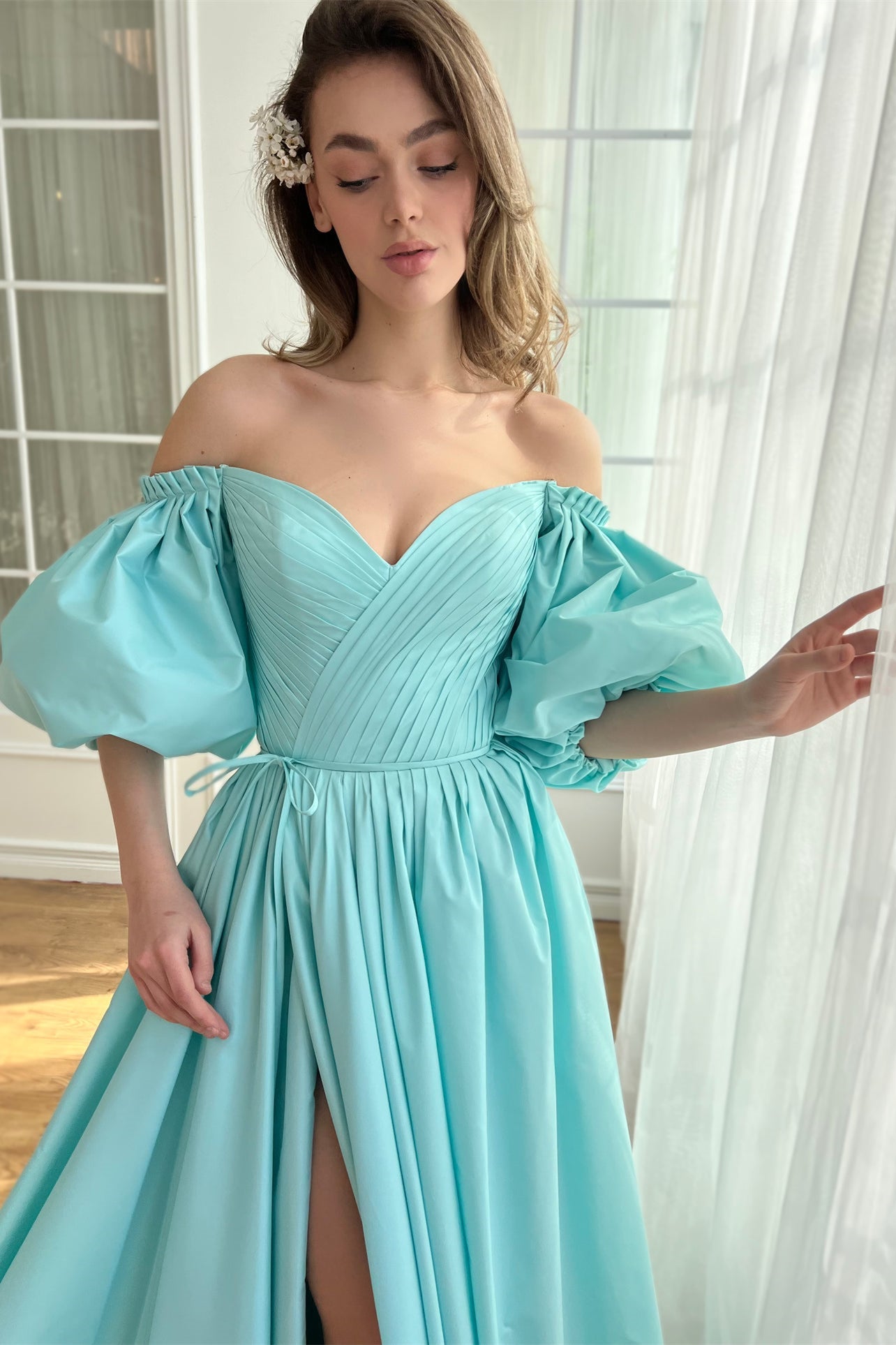 Blue A-line Satin Prom Dresses With Off the Shoulder Sleeves, Side Slit Prom Dresses, Elegant Newest Prom Dresses