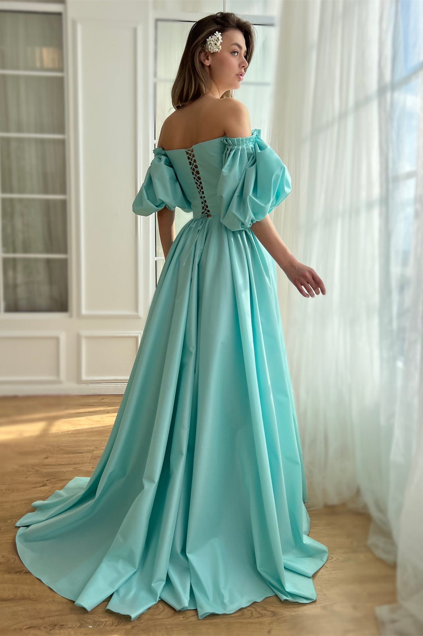 Blue A-line Satin Prom Dresses With Off the Shoulder Sleeves, Side Slit Prom Dresses, Elegant Newest Prom Dresses
