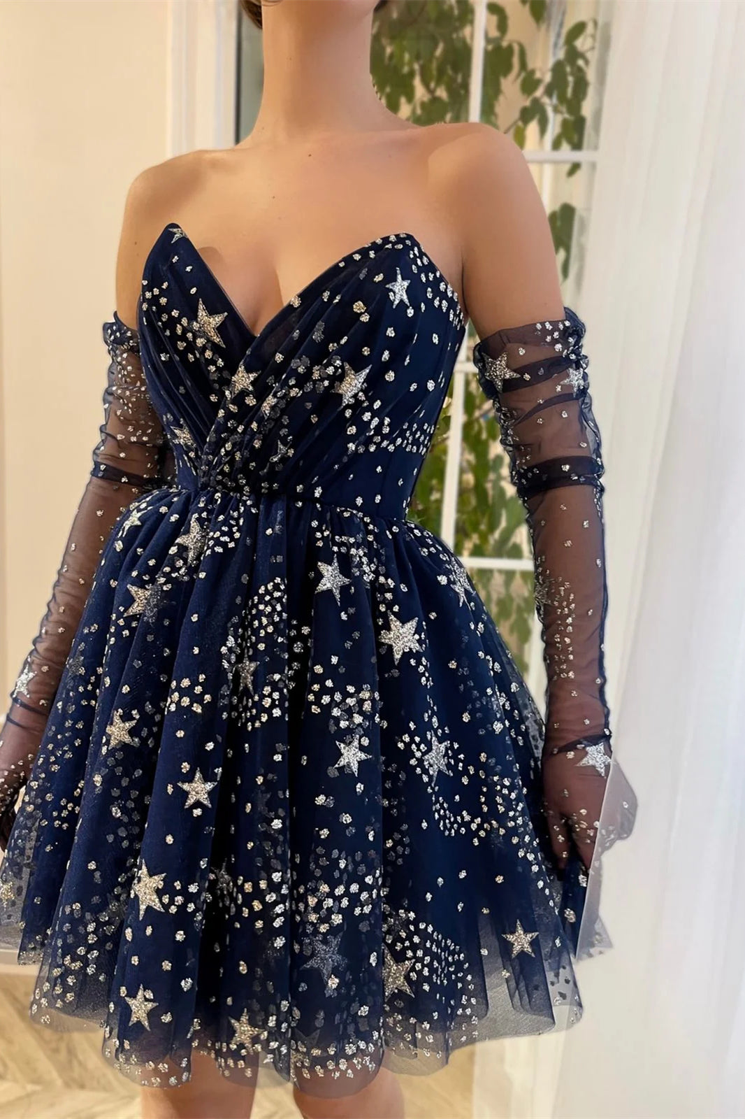 Navy Shing Star Mini Dresses With Detachable Sleeves, Lovely Homecoming Dresses, Short Prom Dresses