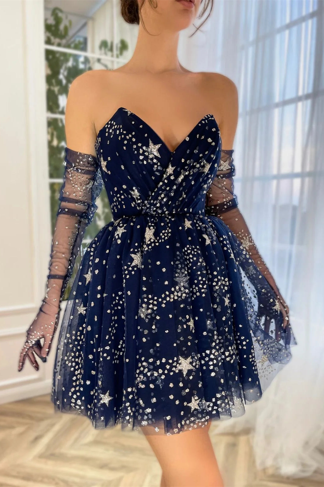 Navy Shing Star Mini Dresses With Detachable Sleeves, Lovely Homecoming Dresses, Short Prom Dresses