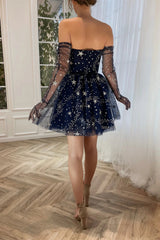 Navy Shing Star Mini Dresses With Detachable Sleeves, Lovely Homecoming Dresses, Short Prom Dresses