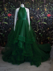 Halter Long A-line Green Tulle Prom Dresses, Ruffled Prom Dresses, 2021 Prom Dresses, Affordable Prom Dresses
