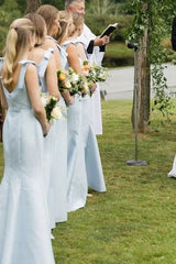 Light Blue Satin Mermaid Bridesmaid Dresses With Bows, Elegant Square Neckline Prom Dresses, Wedding Guest Dresses