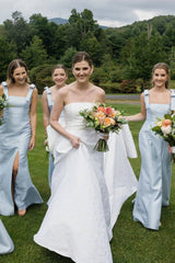 Light Blue Satin Mermaid Bridesmaid Dresses With Bows, Elegant Square Neckline Prom Dresses, Wedding Guest Dresses