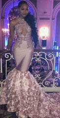 Long Mermaid 3D Satin Flower Prom Dresses, Lace Beaded Prom Dresses, Long Prom Dresses