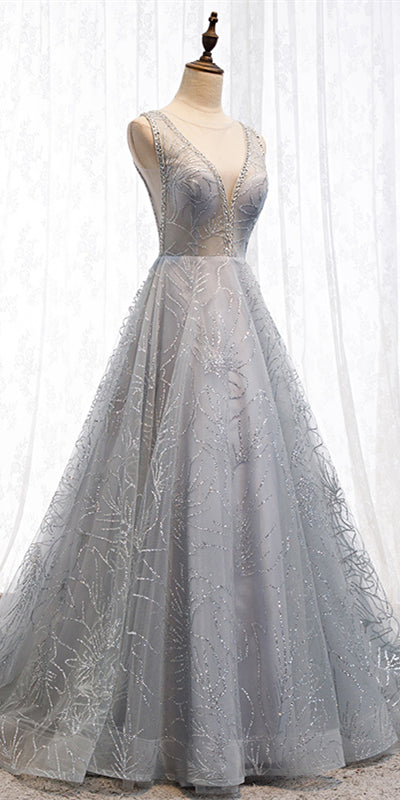 Light Grey Sequin Tulle Elegant Long Prom Dresses, A-line 2021 Prom Dresses, Beaded Prom Dresses