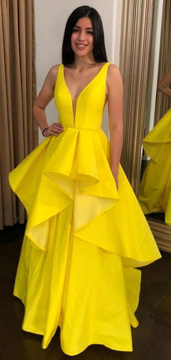 High Low V-neck Layered Long Prom Dresses, A-line Yellow Elegant Prom Dresses