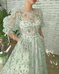 Illusion Puff Sleeves Mint Prom Dresses, Tea Length Prom Dresses, 2022 Prom Dresses, Newest Prom Dresses, Affordable Prom Dresses