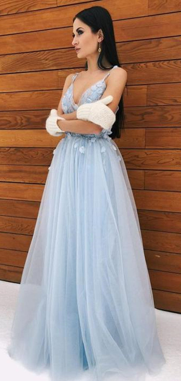 Light Blue Spaghetti Straps Long Prom Dresses, Appliques Elegant 2021 Prom Dresses