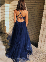 Long A-line Navy Lace Tulle Prom Dresses, Long Prom Dresses, Lace Appliques Prom Dresses