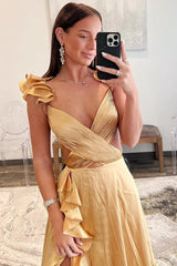 Gold Cutout Ruffle Prom Dresses, Lovely Long Prom Dresses, Newest 2025 Prom Dresses