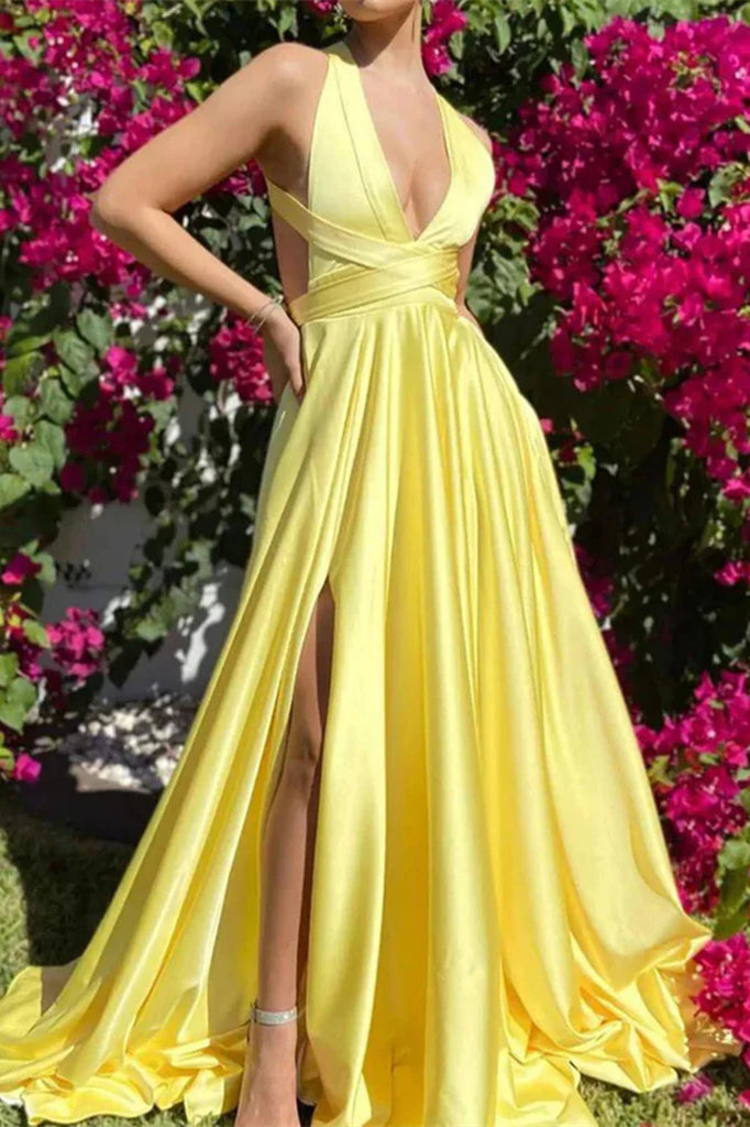 Deep V-neck Yellow Soft Satin Prom Dresses, Chic Newest Prom Dresses, Maxi Dresses