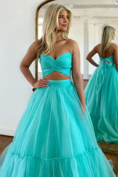 2 Pieces Sweetheart A-line Prom Dresses, Unique Tulle Prom Dresses, Newest Prom Dresses