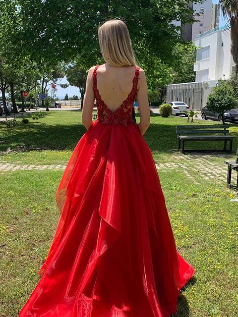 Deep V-neck Red Organza Lace Prom Dresses, New Arrival Prom Dresses, Long Prom Dresses