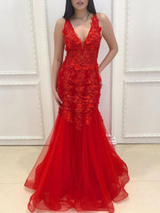 Mermaid Red Lace Floral Prom Dress, V-neck Lace Long 2021 Prom Dresses