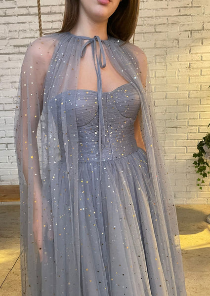 Grey Little Star A-line Prom Dresses With Cloak, Popular Prom Dresses, Cheap Prom Dresses, 2022 Prom Dresses