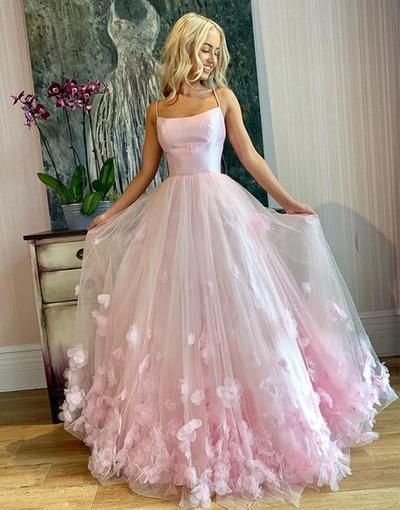 Light Pink Satin Tulle Prom Dresses, 3D Floral Prom Dresses, Popular 2020 Prom Dresses