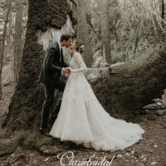 Long Sleeves A-line Lace Tulle Country Wedding Dresses