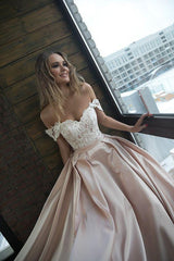 Lace Top Long Off Shoulder A-line Satin Wedding Dresses