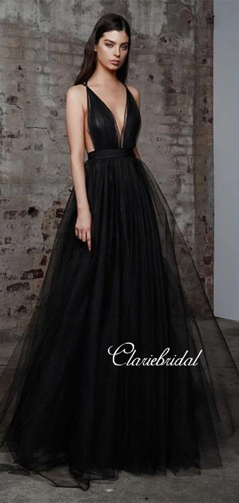 Deep V-neck Black Tulle Prom Dresses, Long A-line Prom Dresses, Chic Prom Dresses