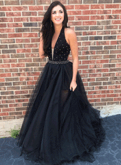 Halter V-neck Black Lace Tulle Prom Dresses, Beaded Prom Dresses, Long Prom Dresses