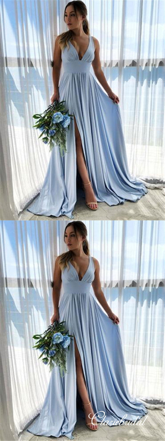 Blue V-neck Jersey Side Slit A-line Bridesmaid Dresses