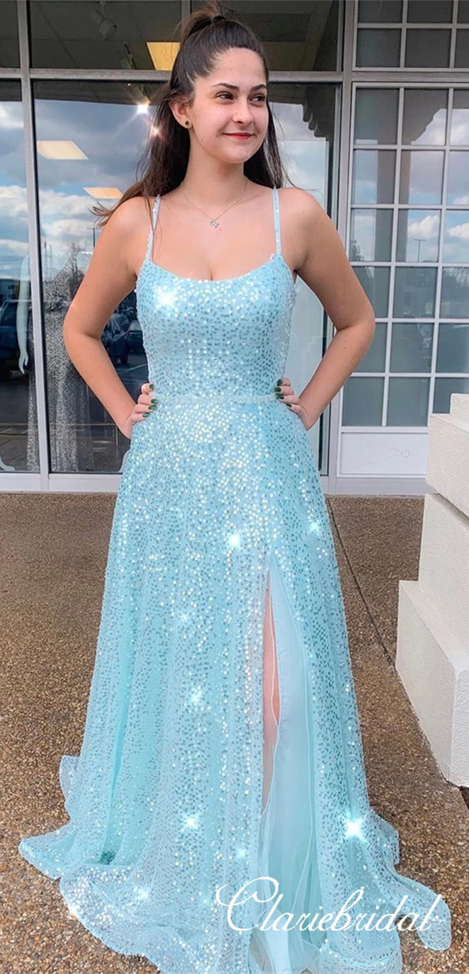 Lovley Blue Sequin Tulle Prom Dresses, Side Slit Prom Dresses, Newest Prom Dresses