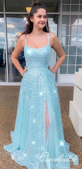 Lovley Blue Sequin Tulle Prom Dresses, Side Slit Prom Dresses, Newest Prom Dresses