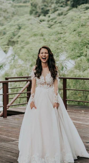Long Sleeves Lace Tulle Wedding Dresses, A-line Wedding Dresses, Bridal Gown, Affordable Wedding Dresses