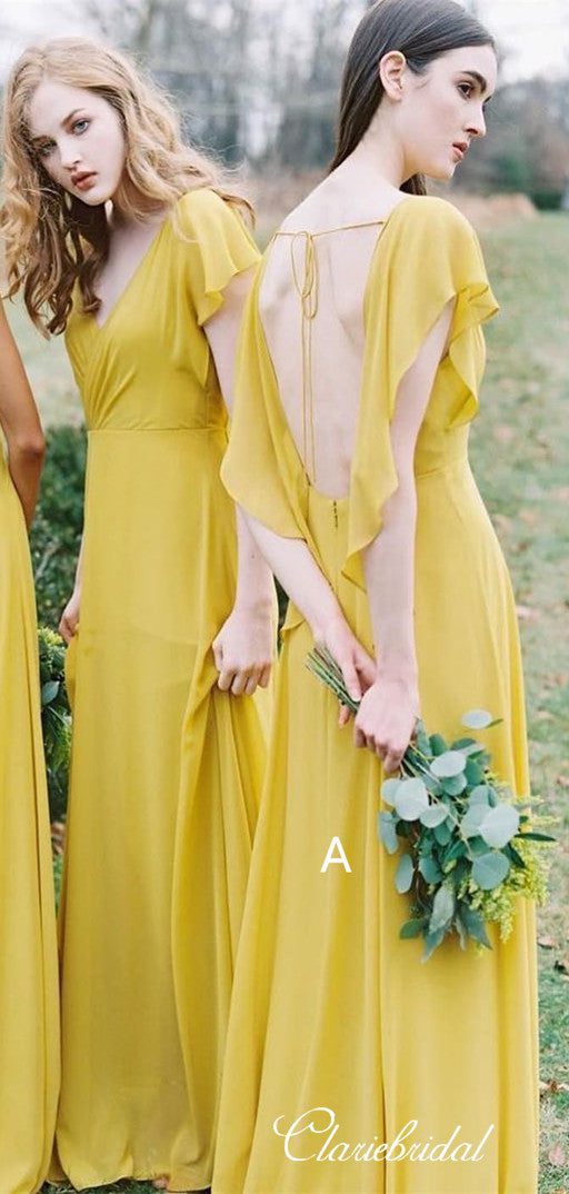 Mismatched Ginger Yellow A-line Chiffon Long Bridesmaid Dresses