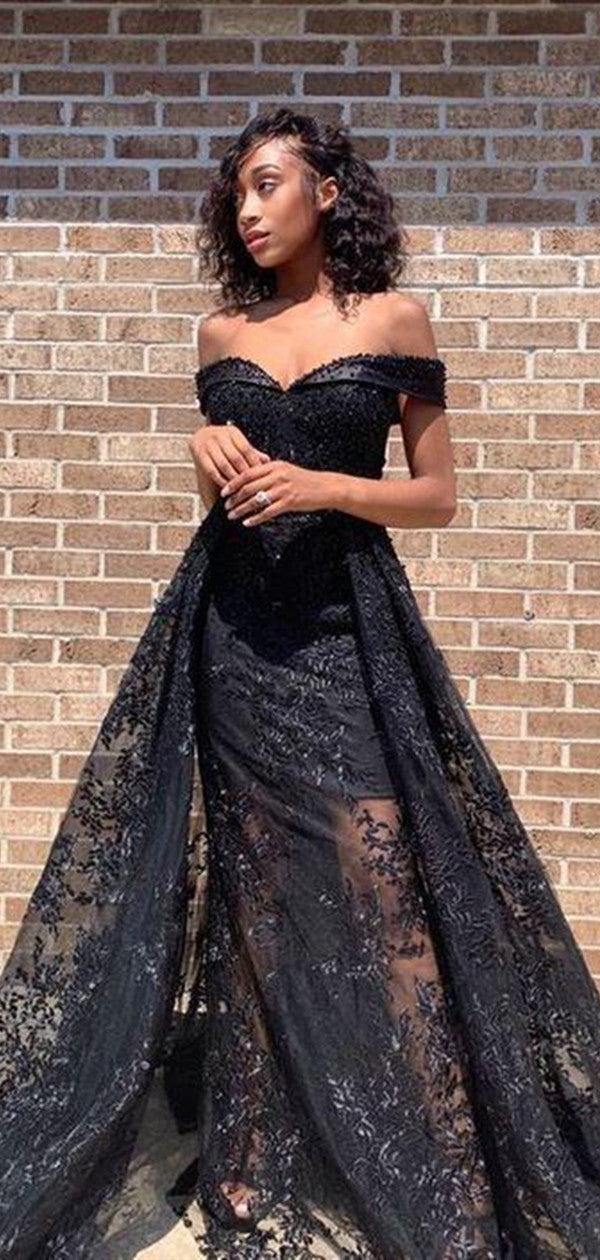 Black Lace Affordable 2021 Long Prom Dresses, Off Shoulder Elegant Prom Dresses Long