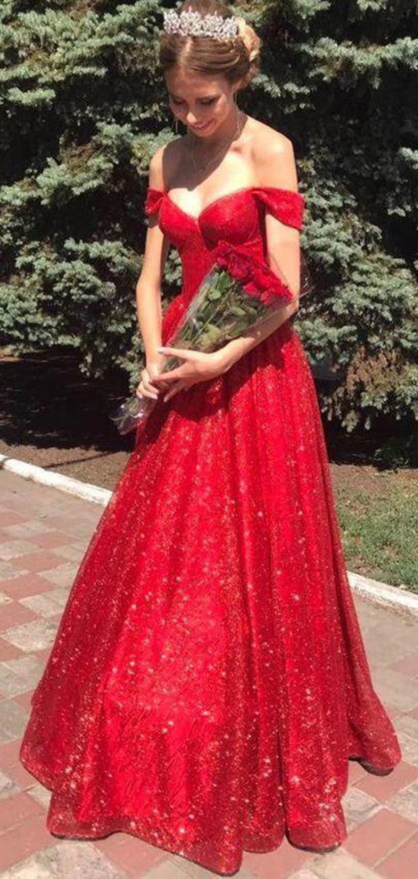 Gorgeous A-line Sequins Long Prom Dresses, Off Shoulder Red 2021 Prom Dresses