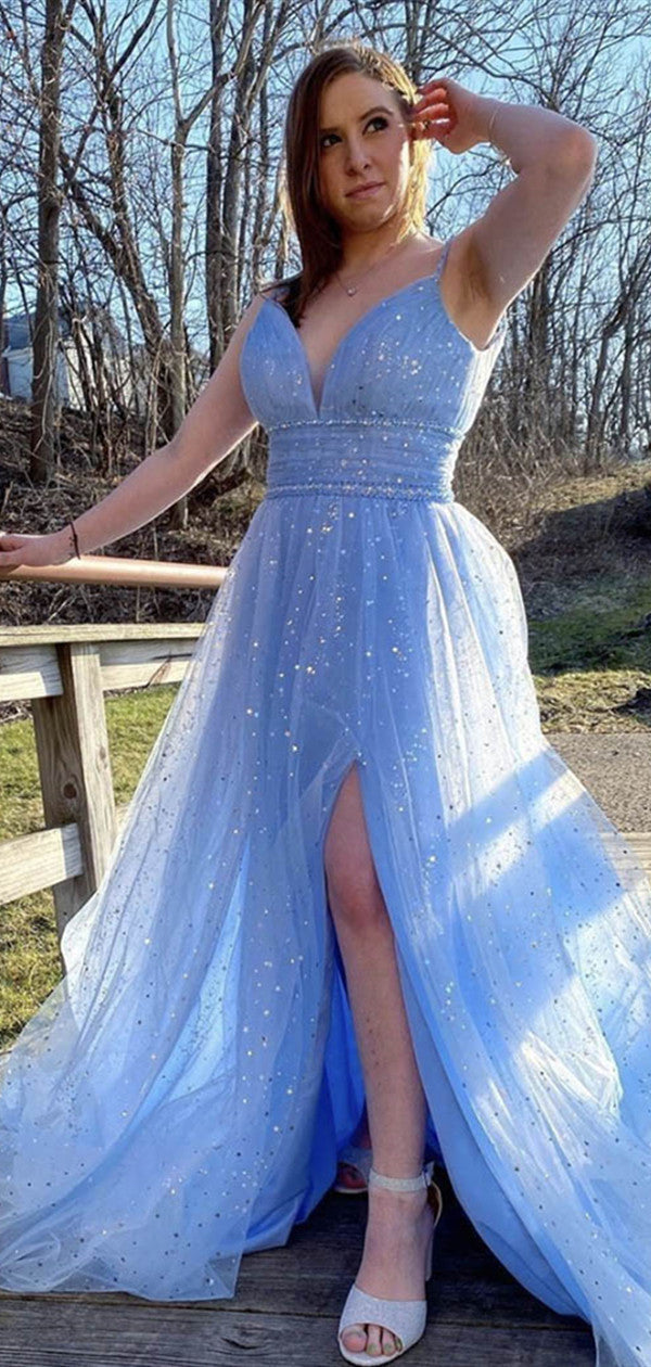 Light Blue Color A-line Newest 2021 Long Prom Dresses, Graduation Evening Party Prom Dresses