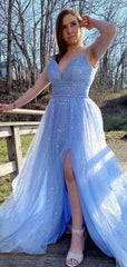 Light Blue Color A-line Newest 2021 Long Prom Dresses, Graduation Evening Party Prom Dresses