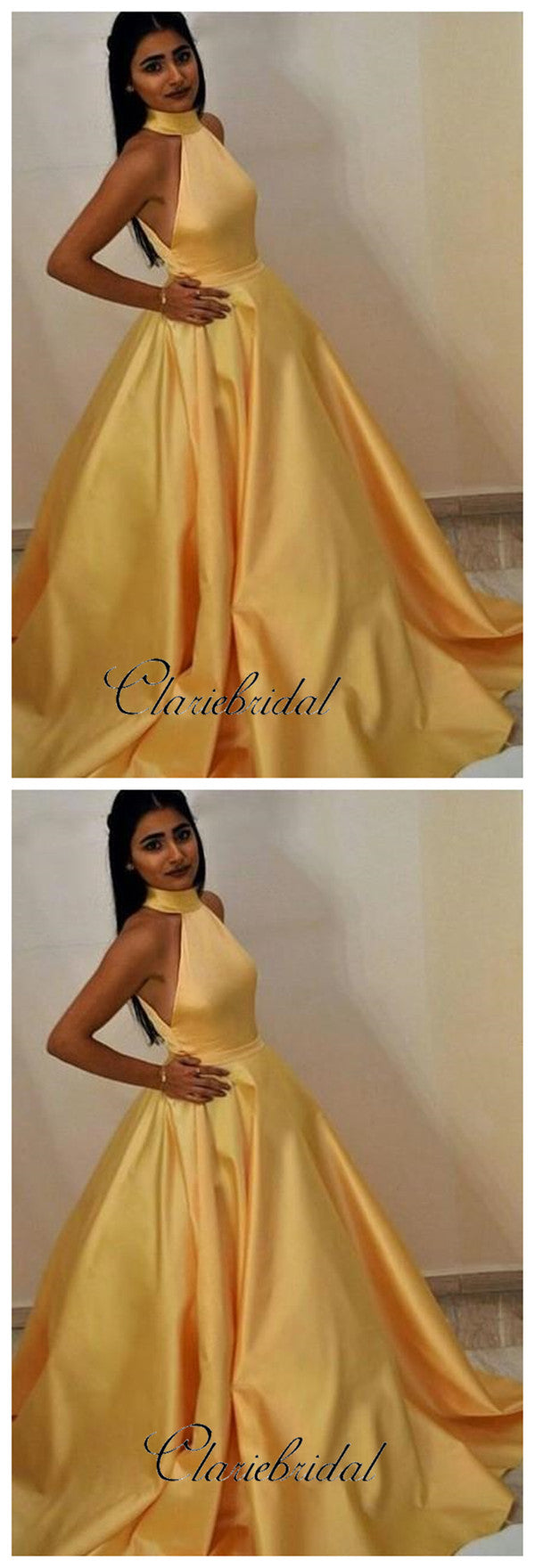 High Neck Yellow Prom Gowns, A-line Prom Dresses, Popular Prom Dresses