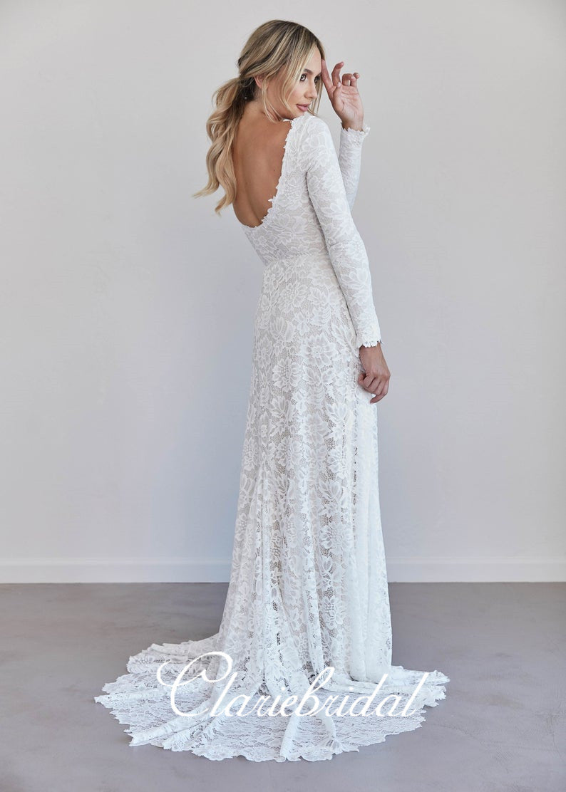 Ivory Long Sleeves Lace Wedding Dresses, A-line U-back Wedding Dresses, Country Wedding Dresses