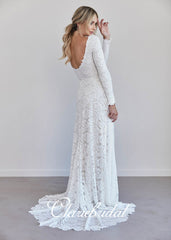 Ivory Long Sleeves Lace Wedding Dresses, A-line U-back Wedding Dresses, Country Wedding Dresses