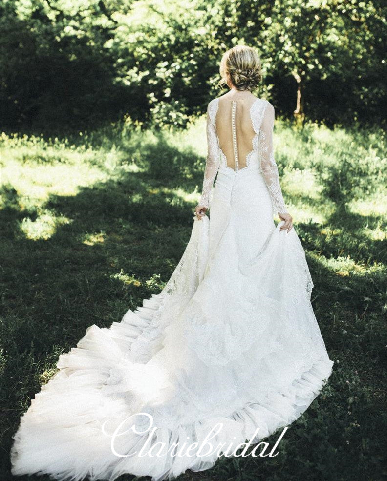 Long Sleeves Lace Mermaid Wedding Dresses, Country Wedding Dresses, Long Wedding Dresses