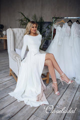 Long Sleeves Simple A-line Jersey Wedding Dresses, Bridal Gown