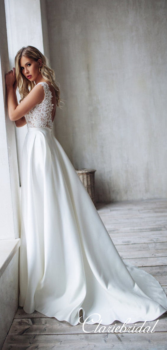 Lace Top Satin Skirt Long A-line Wedding Dresses, Bridal Gown