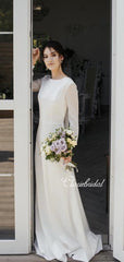 Long Sleeves Ivory Chiffon Satin Wedding Dresses, Country Wedding Dresses, Long Wedding Dresses