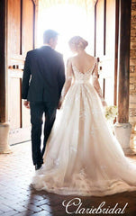 Long Sleeves V-neck Lace Tulle Country Wedding Dresses