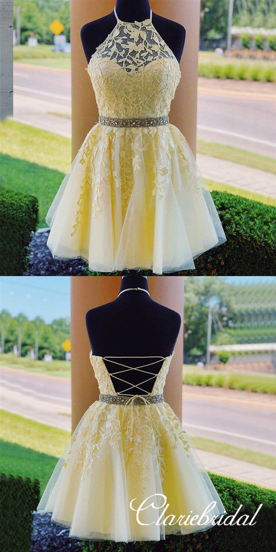 Lovely Yellow Lace Beaded Short Prom Dresses, Popular Homecoming Dresses