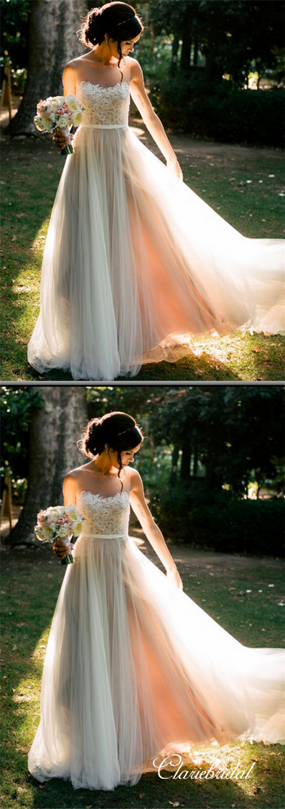 Illusion Lace Top Tulle A-line Wedding Dresses
