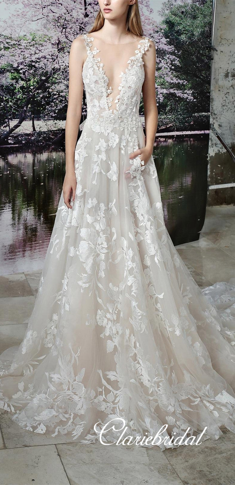 Long A-line Lace Tulle Wedding Dresses, Backless Long Train Wedding Dresses, Gorgeous Wedding Gown